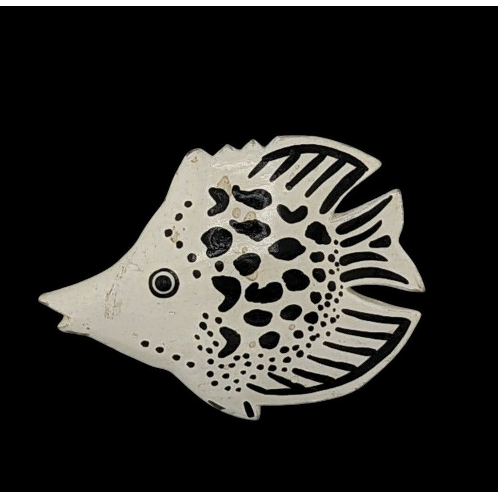 Vintage Wooden Fish Brooch Black And White Painted