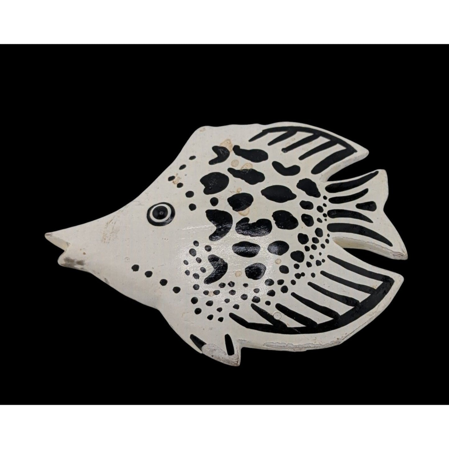 Vintage Wooden Fish Brooch Black And White Painted