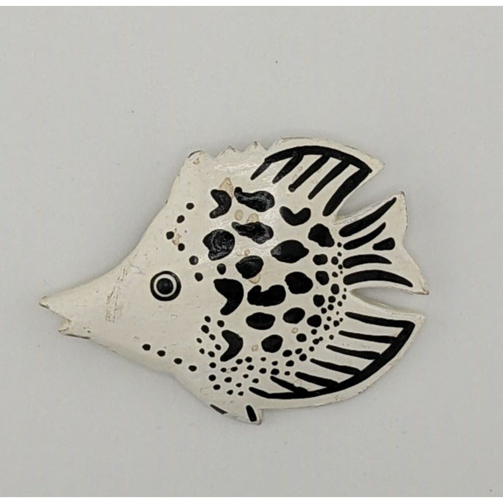 Vintage Wooden Fish Brooch Black And White Painted