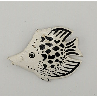 Vintage Wooden Fish Brooch Black And White Painted