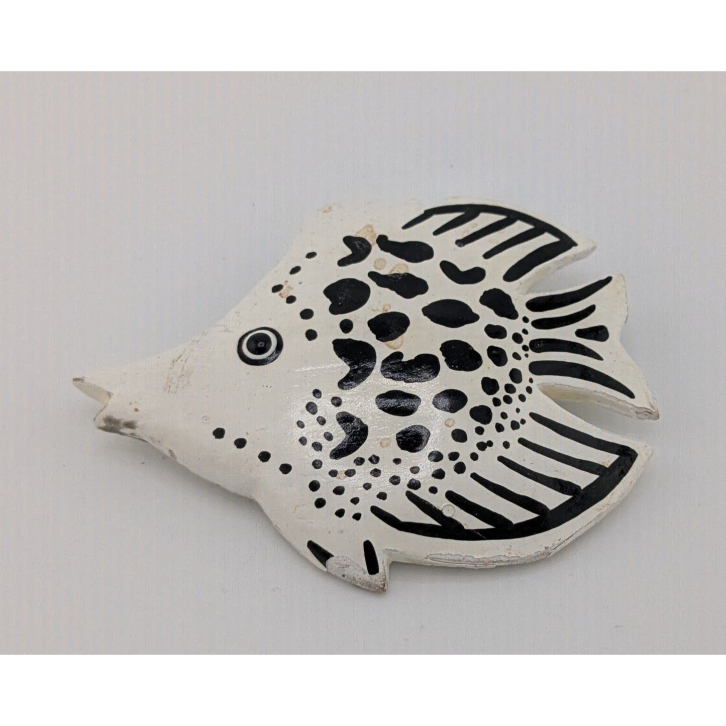 Vintage Wooden Fish Brooch Black And White Painted
