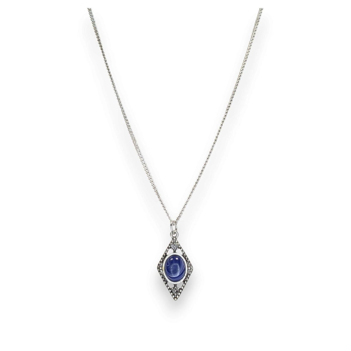 Art Deco Lapis Lazuli Blue Cabochon Silver Tone Filigree Pendant Necklace 18 Inch