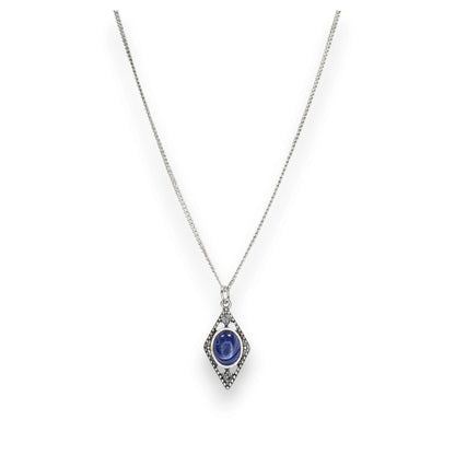 Art Deco Lapis Lazuli Blue Cabochon Silver Tone Filigree Pendant Necklace 18 Inch