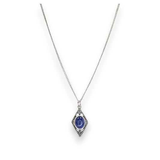 Art Deco Lapis Lazuli Blue Cabochon Silver Tone Filigree Pendant Necklace 18 Inch