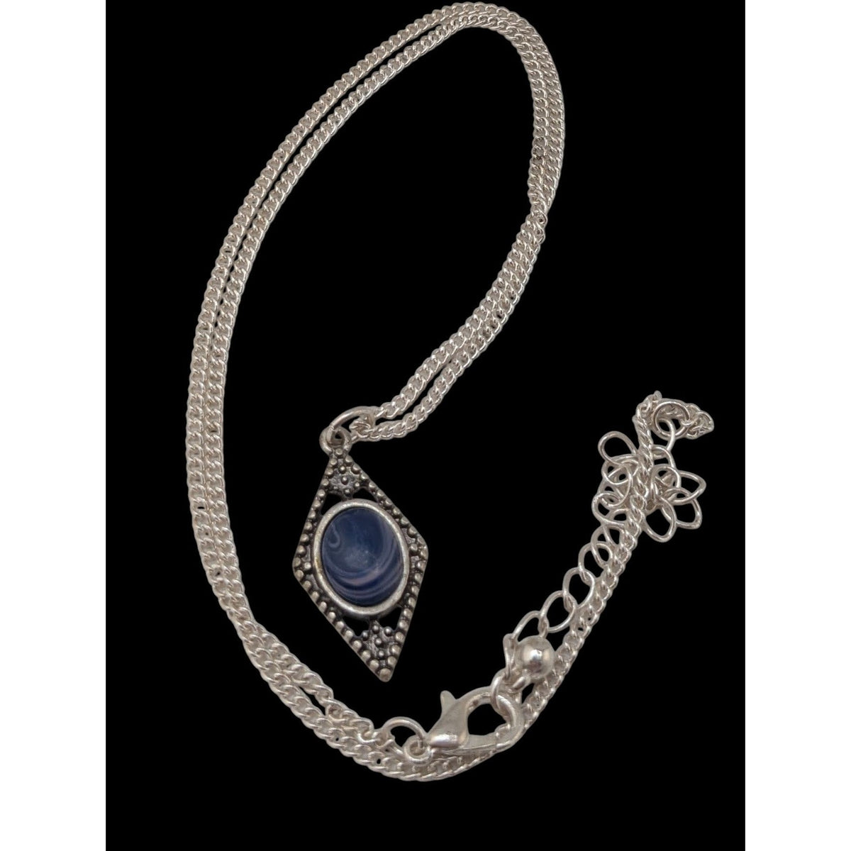 Art Deco Lapis Lazuli Blue Cabochon Silver Tone Filigree Pendant Necklace 18 Inch