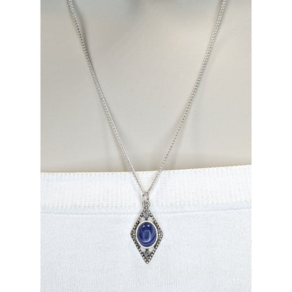 Art Deco Lapis Lazuli Blue Cabochon Silver Tone Filigree Pendant Necklace 18 Inch