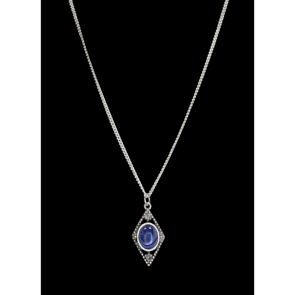 Art Deco Lapis Lazuli Blue Cabochon Silver Tone Filigree Pendant Necklace 18 Inch