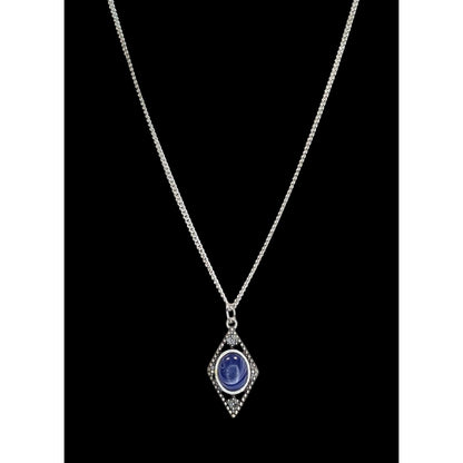 Art Deco Lapis Lazuli Blue Cabochon Silver Tone Filigree Pendant Necklace 18 Inch