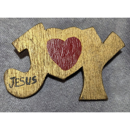 Vintage Handmade Gold Shimmer Wooden Joy Jesus Brooch