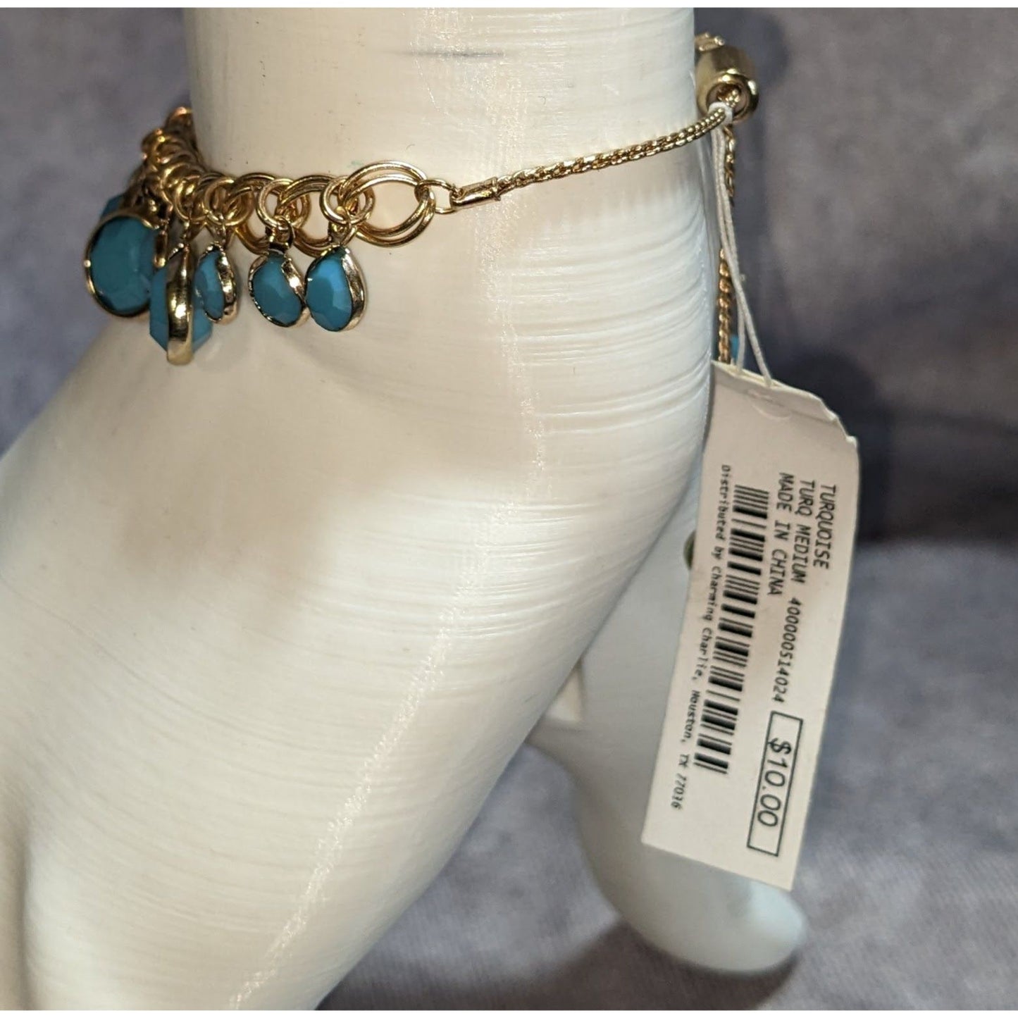 Boho Coastal NWT Charming Charlie Gold Tone Turquoise Charm Adjustable Bracelet