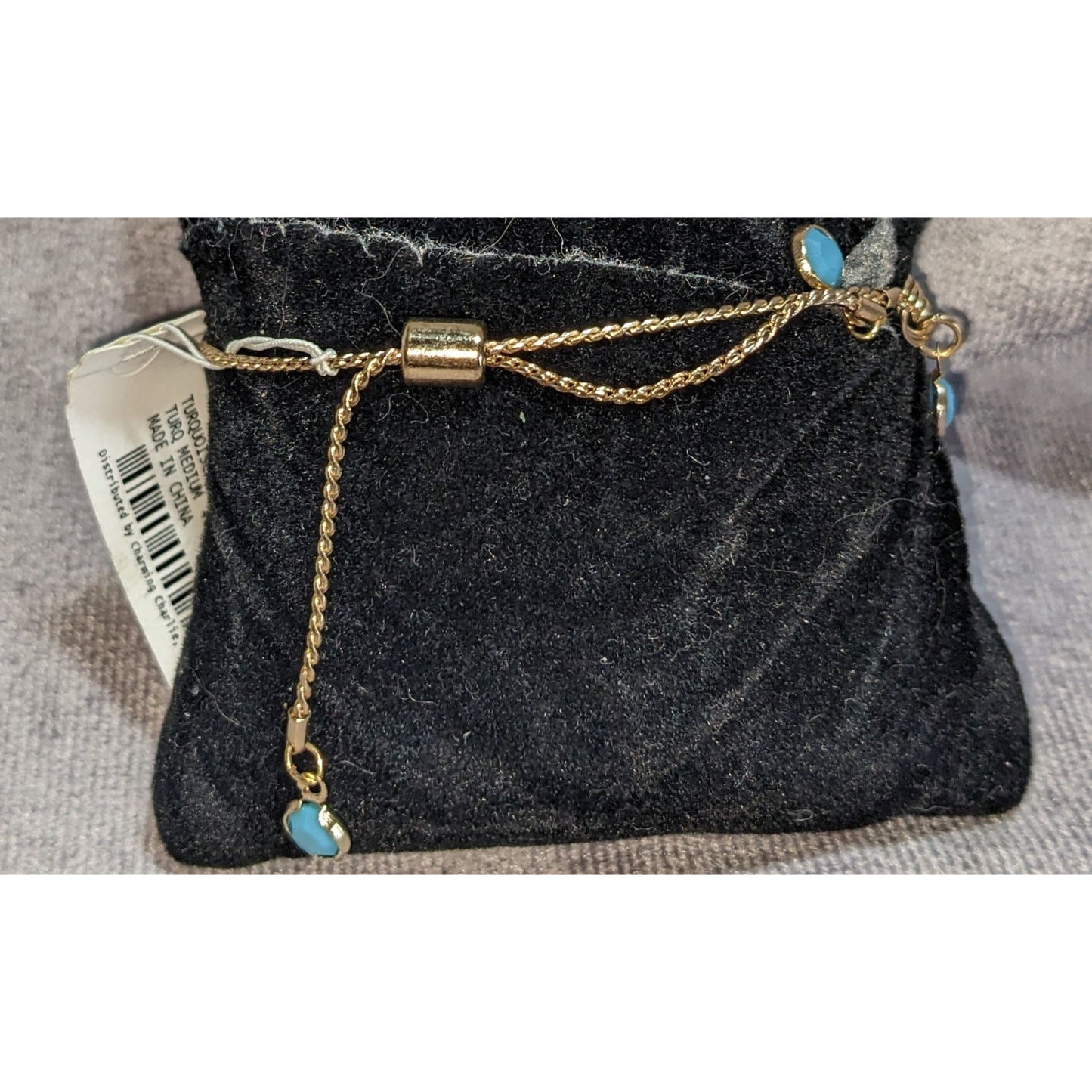 Boho Coastal NWT Charming Charlie Gold Tone Turquoise Charm Adjustable Bracelet
