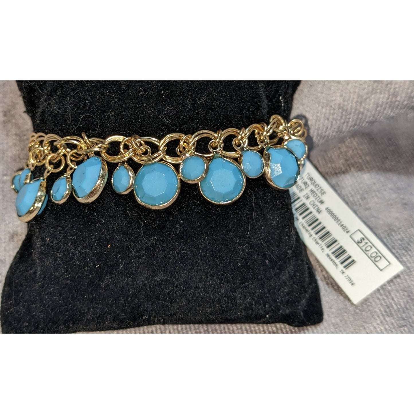 Boho Coastal NWT Charming Charlie Gold Tone Turquoise Charm Adjustable Bracelet