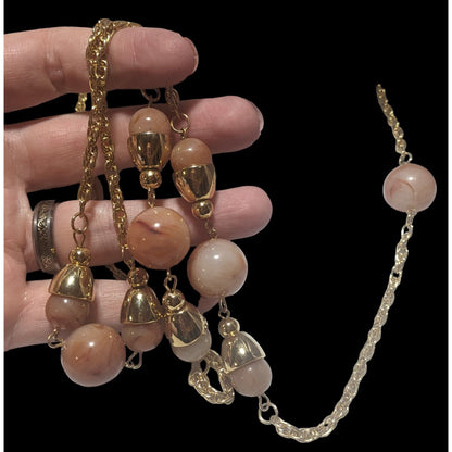 Vintage Gold-Tone Chain Necklace With Pink Beads