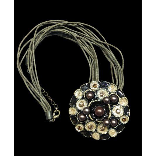 Abstract Floral Pearl Rhinestone And Enamel Pendant Necklace