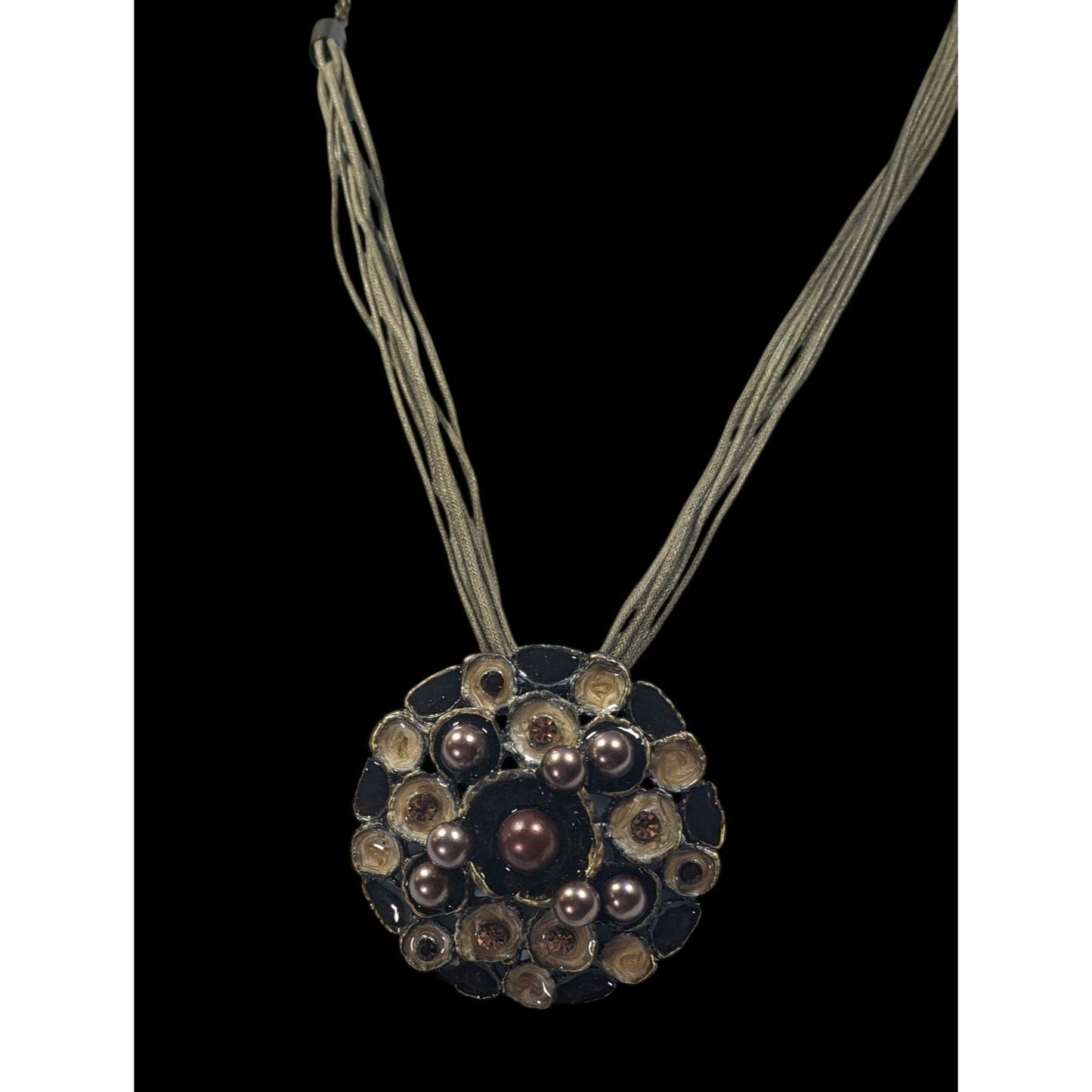Abstract Floral Pearl Rhinestone And Enamel Pendant Necklace