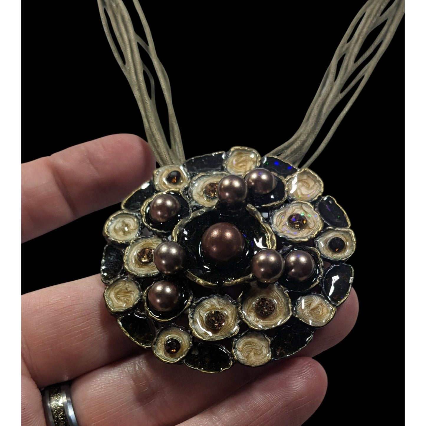 Abstract Floral Pearl Rhinestone And Enamel Pendant Necklace