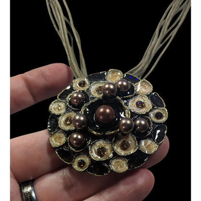 Abstract Floral Pearl Rhinestone And Enamel Pendant Necklace