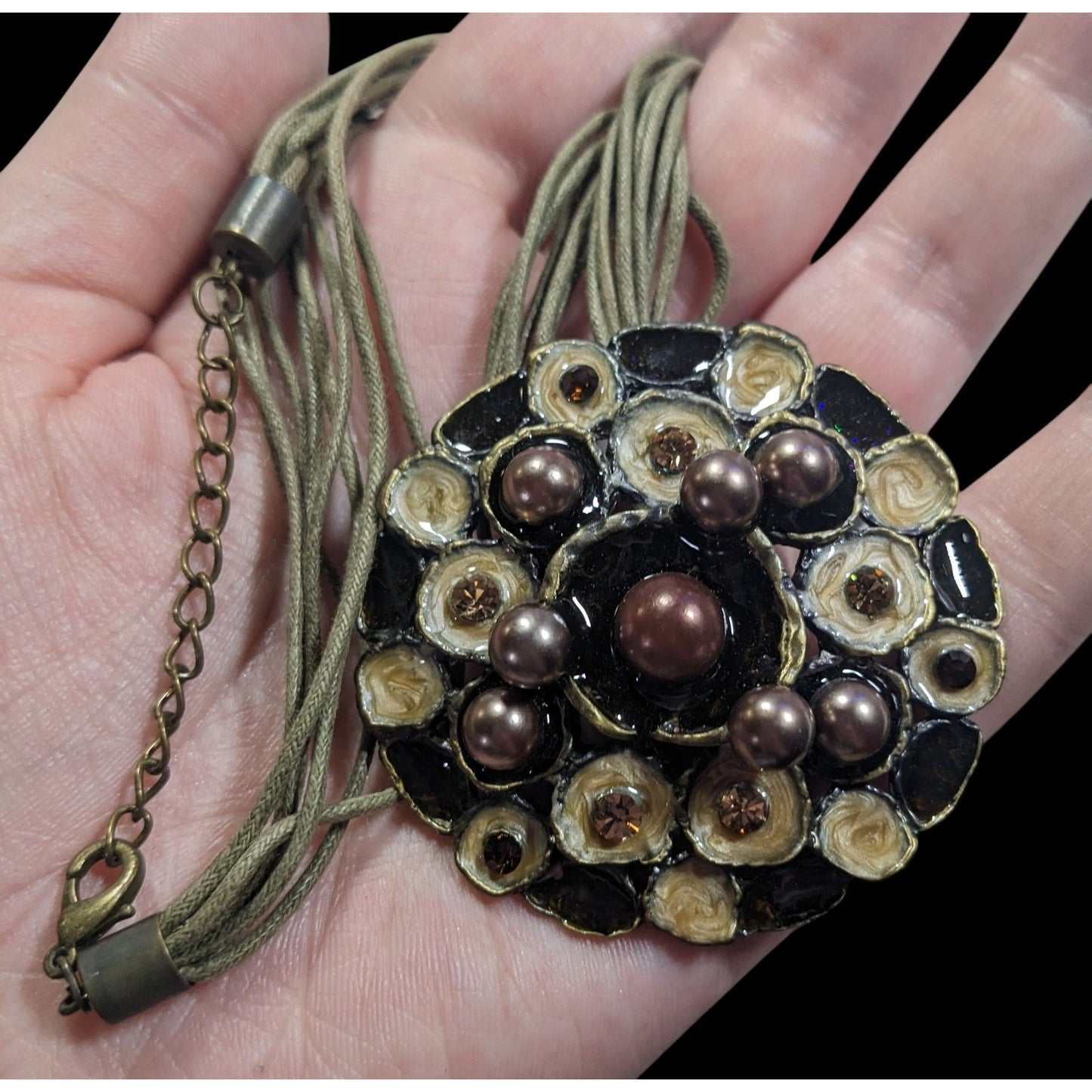Abstract Floral Pearl Rhinestone And Enamel Pendant Necklace
