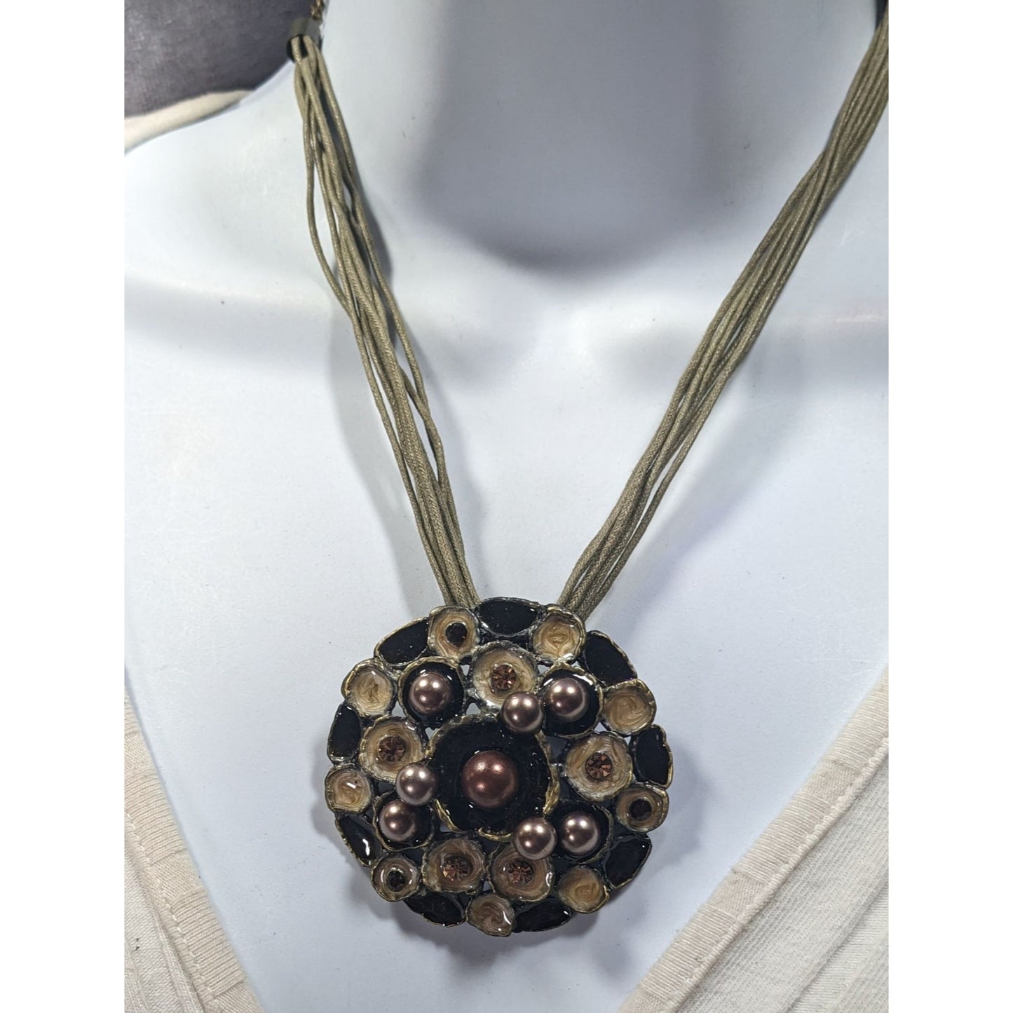 Abstract Floral Pearl Rhinestone And Enamel Pendant Necklace