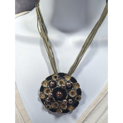 Abstract Floral Pearl Rhinestone And Enamel Pendant Necklace