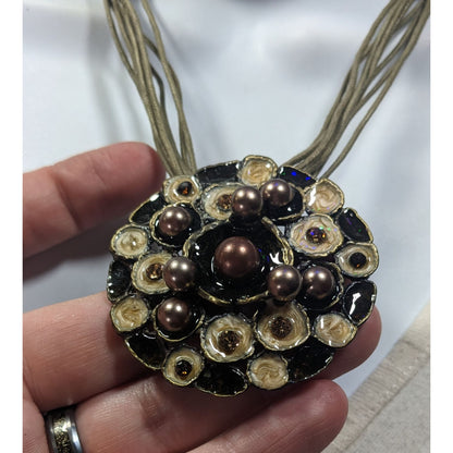 Abstract Floral Pearl Rhinestone And Enamel Pendant Necklace