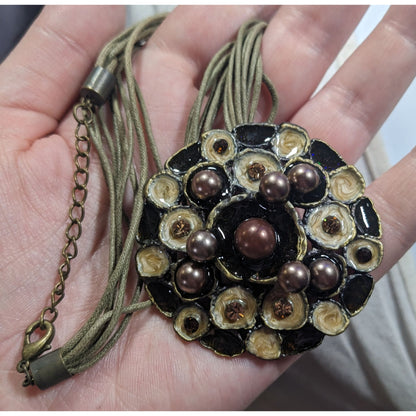 Abstract Floral Pearl Rhinestone And Enamel Pendant Necklace
