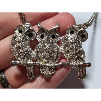 Vintage Triple Rhinestone Owl Necklace