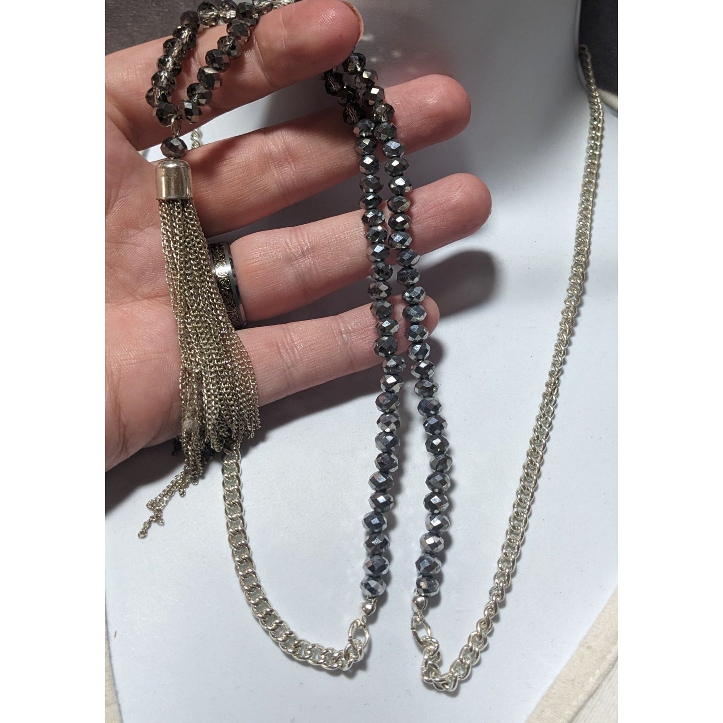 Glam Glass Beaded Chain Tassel  Necklace