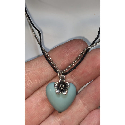Boho Coquette Cottagecore Blue Heart Pendant Layered Cord & Chain Necklace