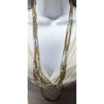Express Blue And Gold Tone Beaded Glass Necklace