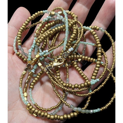 Express Blue And Gold Tone Beaded Glass Necklace