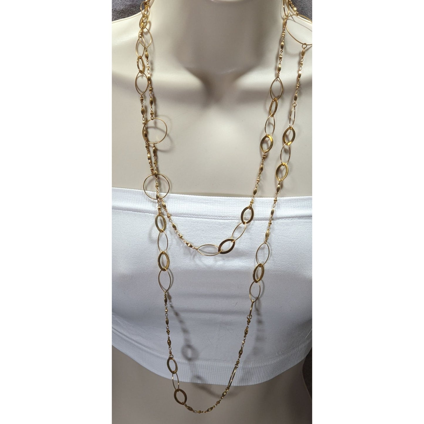 Abstract Glam Gold Tone Opera Chain Necklace With Assorted Links