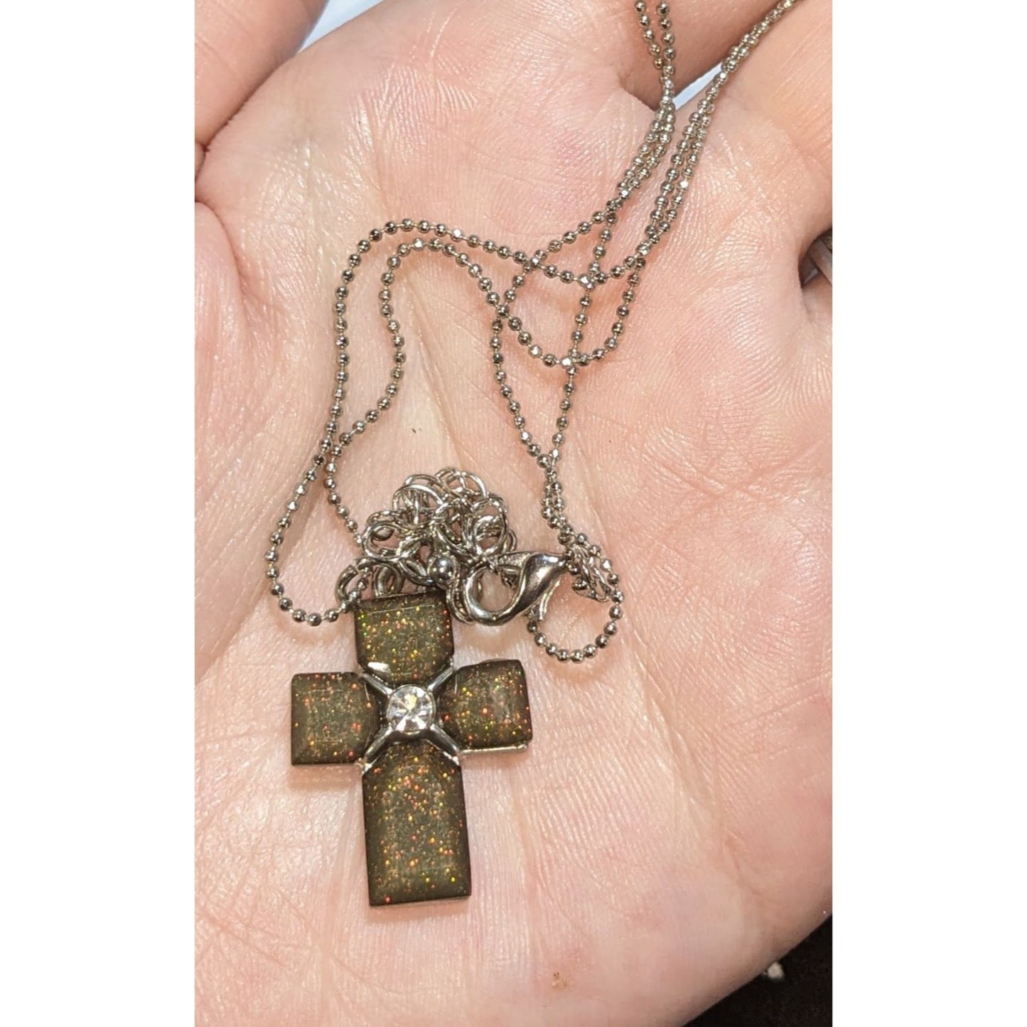 Goth Minimalist Christian Cross Shimmer Pendant Necklace Rhinestone Accent