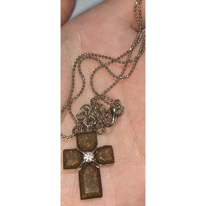 Goth Minimalist Christian Cross Shimmer Pendant Necklace Rhinestone Accent