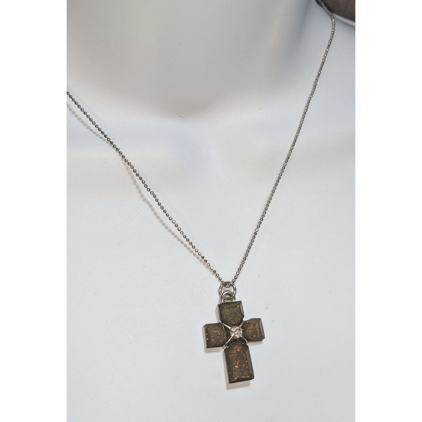 Goth Minimalist Christian Cross Shimmer Pendant Necklace Rhinestone Accent