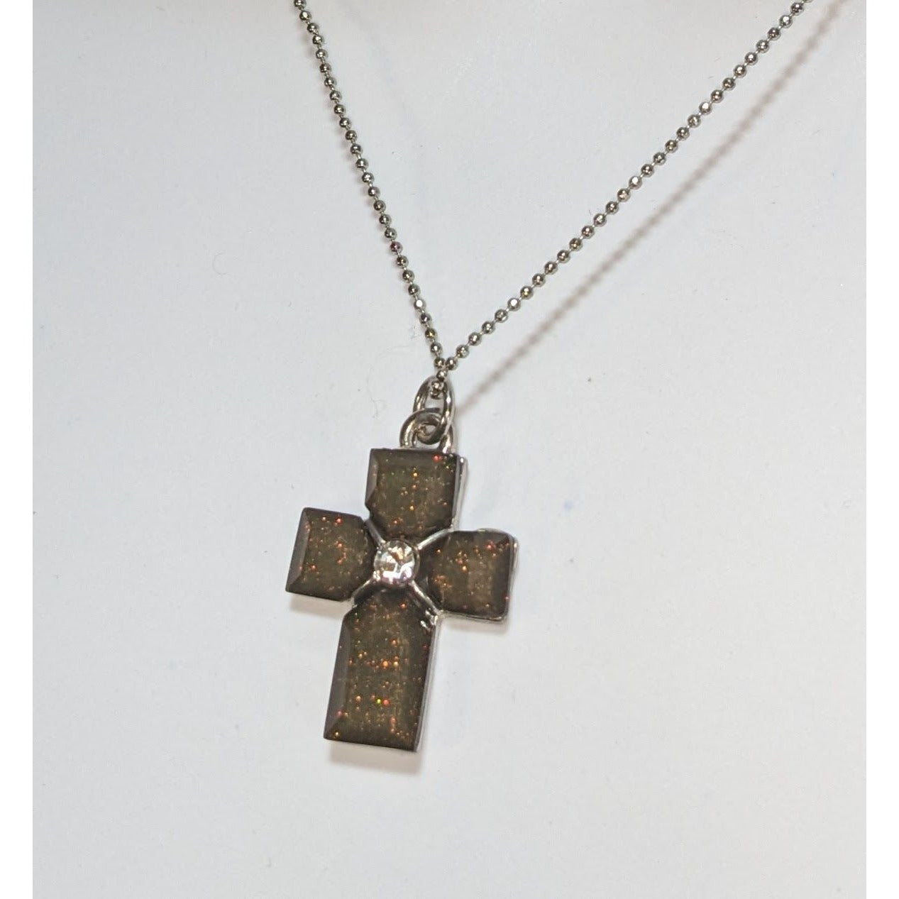 Goth Minimalist Christian Cross Shimmer Pendant Necklace Rhinestone Accent