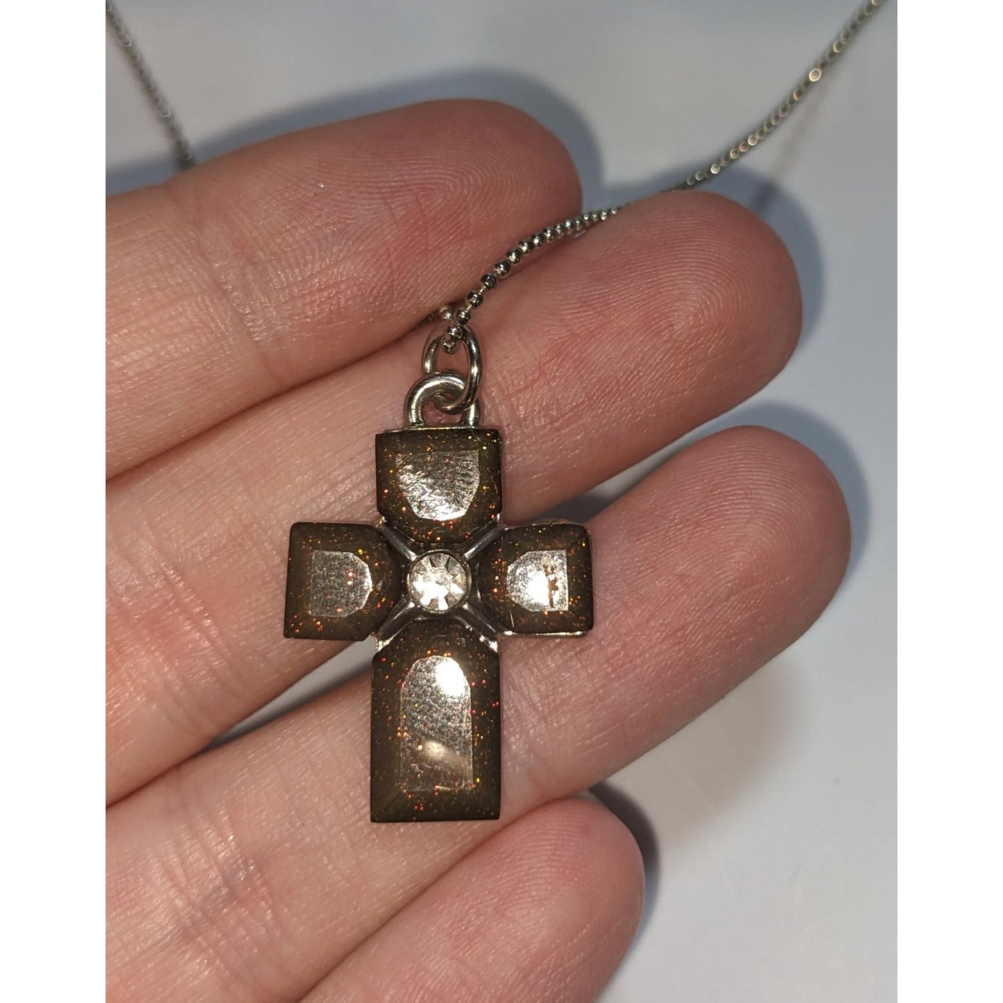 Goth Minimalist Christian Cross Shimmer Pendant Necklace Rhinestone Accent