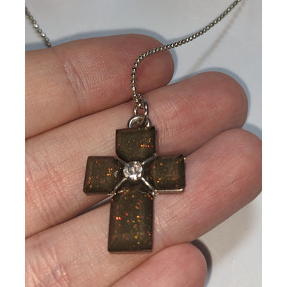 Goth Minimalist Christian Cross Shimmer Pendant Necklace Rhinestone Accent