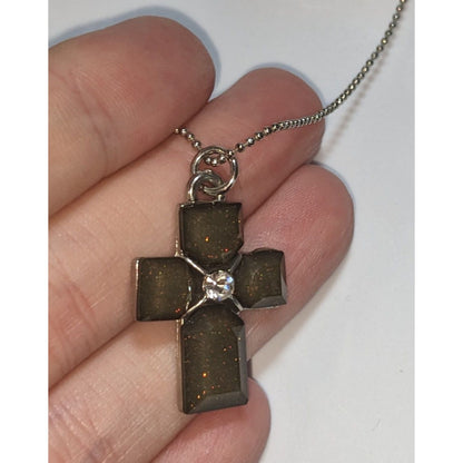 Goth Minimalist Christian Cross Shimmer Pendant Necklace Rhinestone Accent