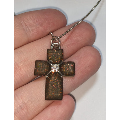 Goth Minimalist Christian Cross Shimmer Pendant Necklace Rhinestone Accent