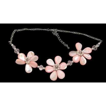 Floral Necklace With Pink Shell Beads & Pearls