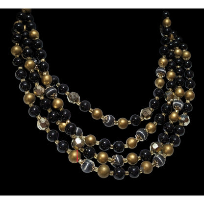 Vintage Japan Black And Gold Beaded Multilayer Necklace