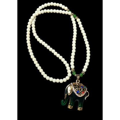 Green And White Bohemian Vintage Style Elephant Necklace