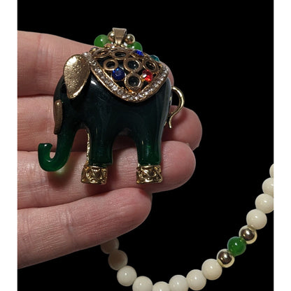 Green And White Bohemian Vintage Style Elephant Necklace