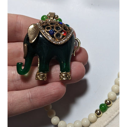 Green And White Bohemian Vintage Style Elephant Necklace