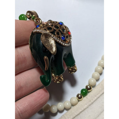 Green And White Bohemian Vintage Style Elephant Necklace