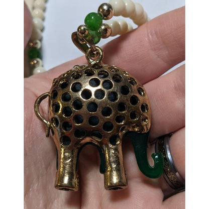 Green And White Bohemian Vintage Style Elephant Necklace