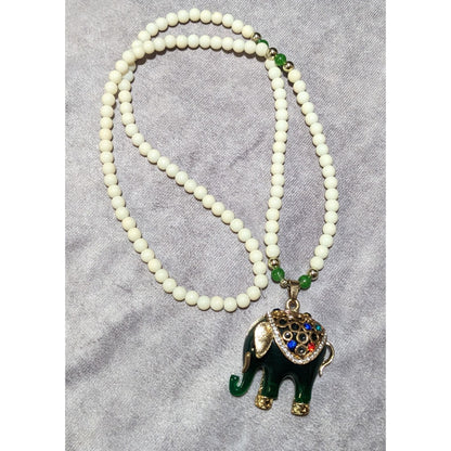 Green And White Bohemian Vintage Style Elephant Necklace