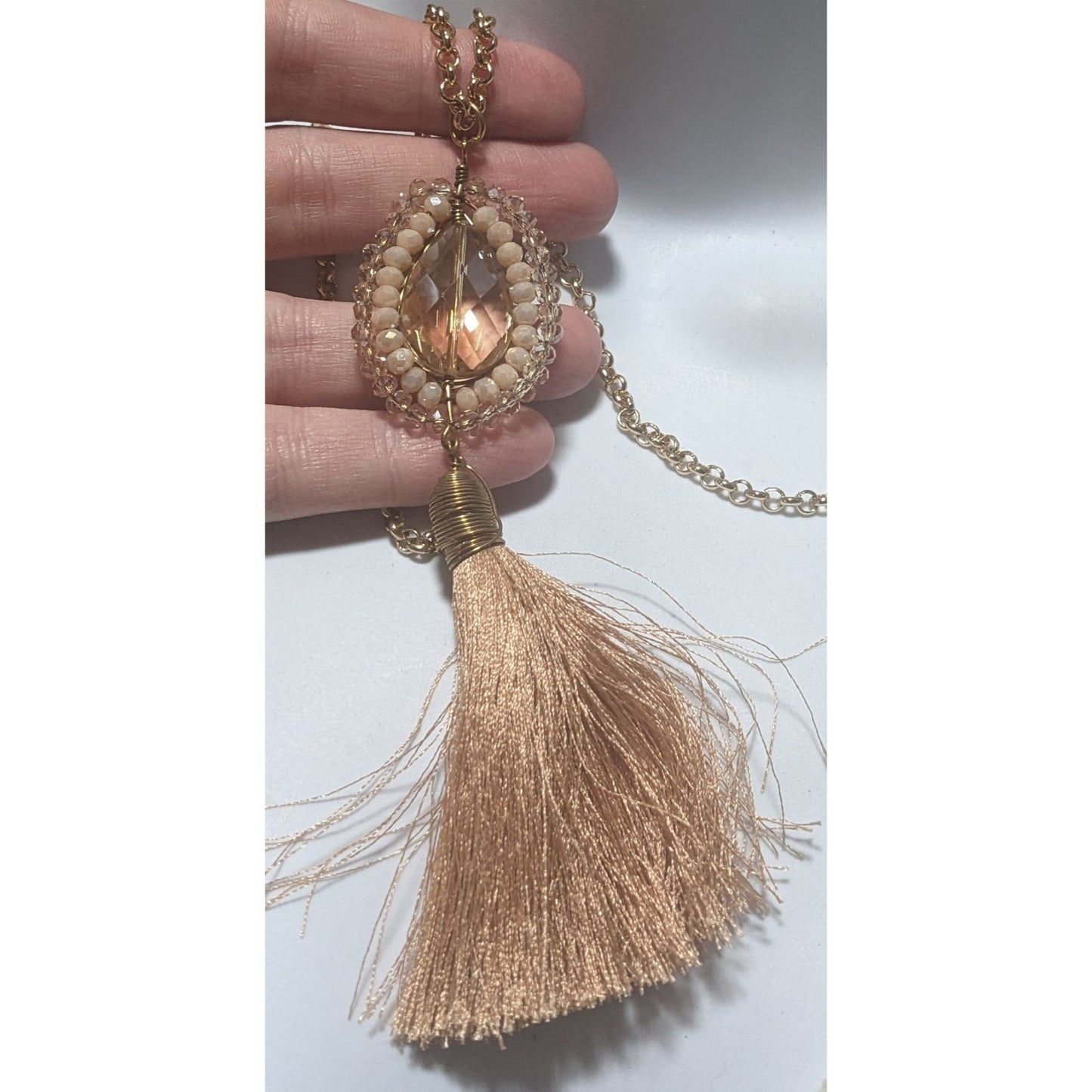 Bohemian Crystal Pendant Necklace With Tassel & Beaded Details