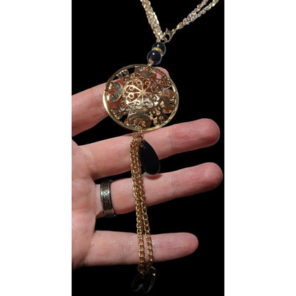 Gold Floral Crystal Filled Pendant Tassel Necklace